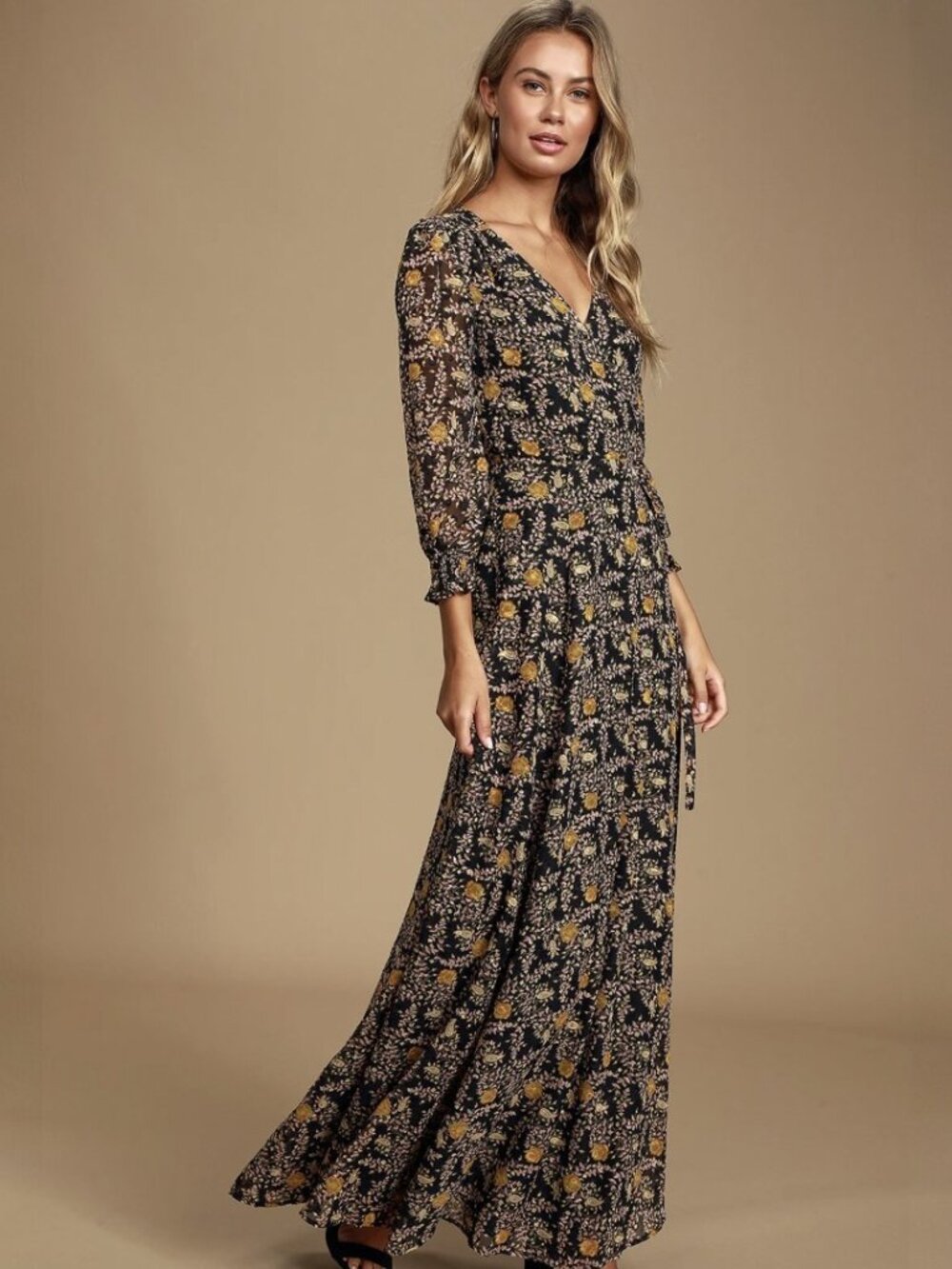 Lulus Meet Me There Black Multi Floral Print Wrap Maxi Dress​ NWT - Picture 2 of 10